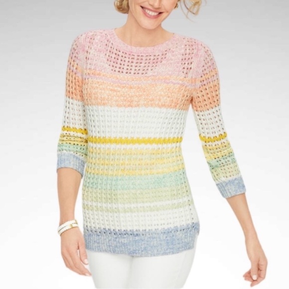 Talbots 100% Cotton Open Knit Pastel Stripe Sweater Boho Rainbow Coastal Medium - Picture 2 of 11